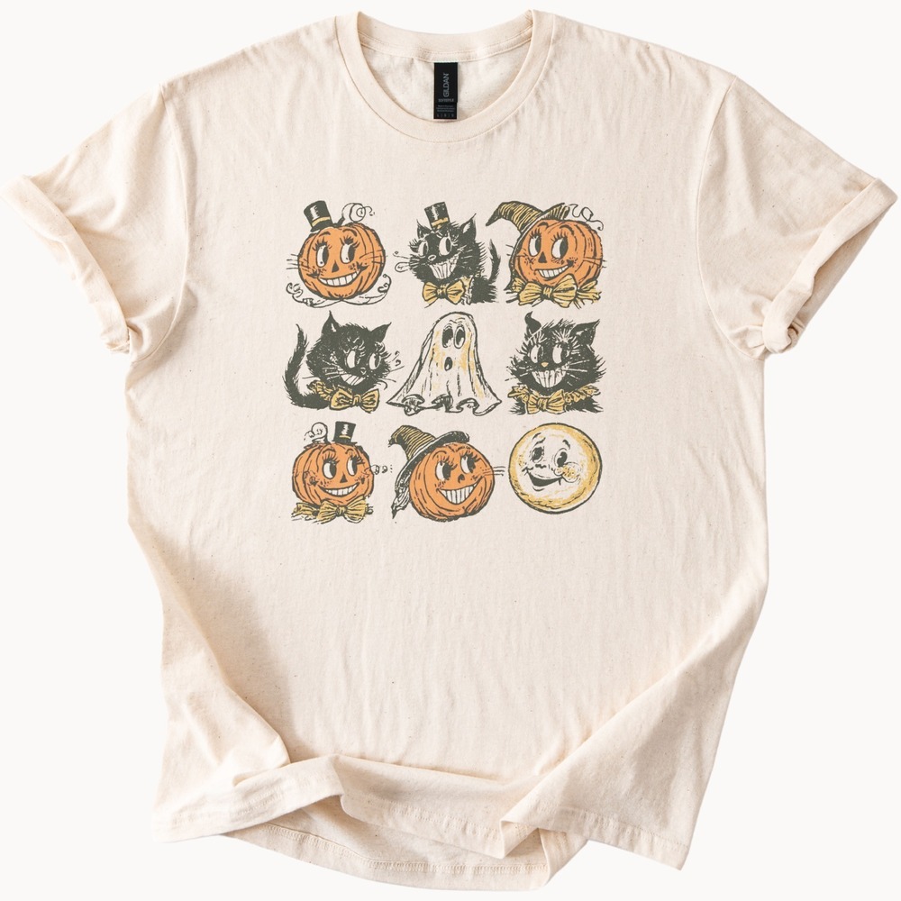 Nine Halloween Characters Grinning from a 1950s Grid Tee